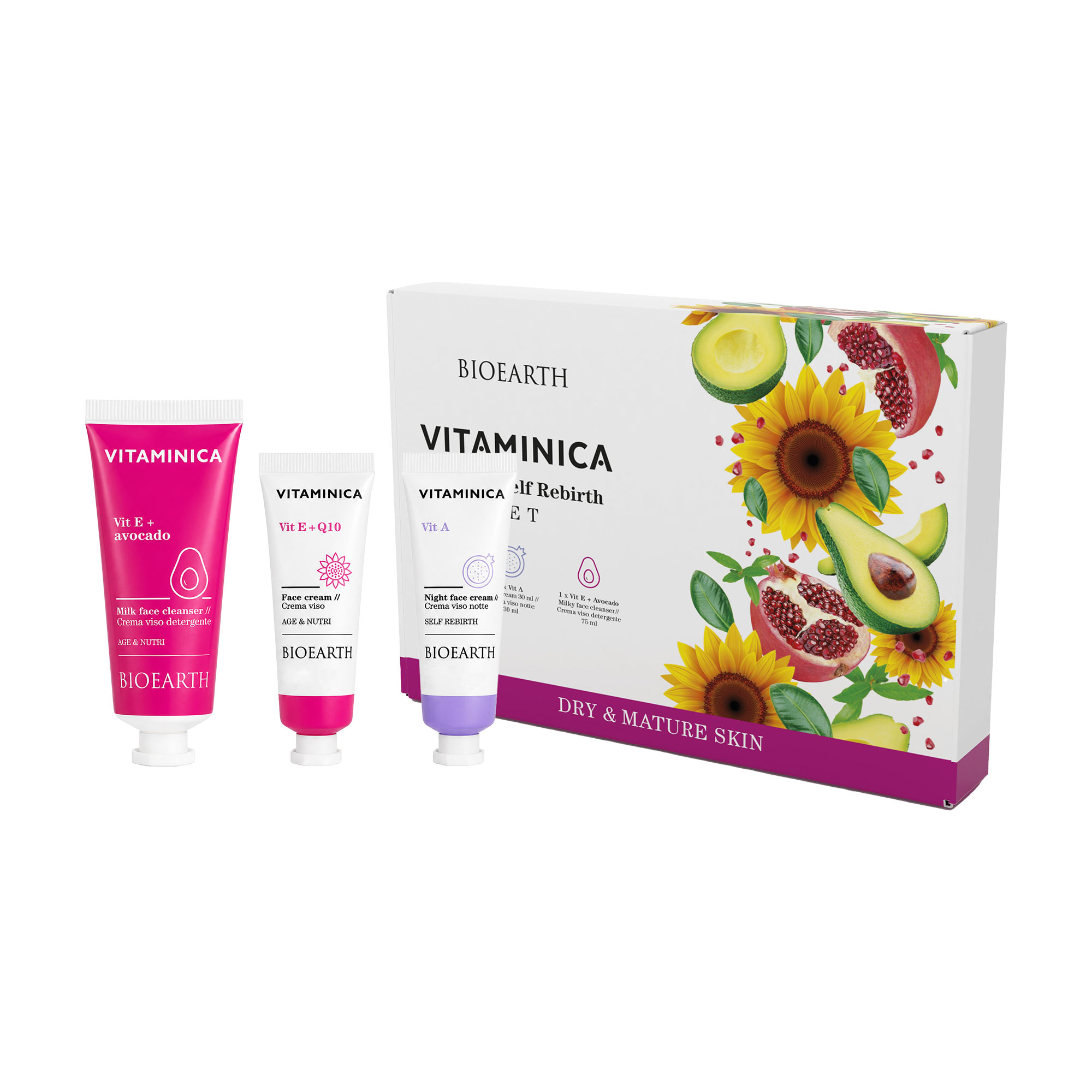 Набір для обличчя Bioearth Vitaminica Nutri &amp; Self Rebirth Set (очищувальне молочко, 75 мл + крем, 30 мл + нічний крем, 30 мл)